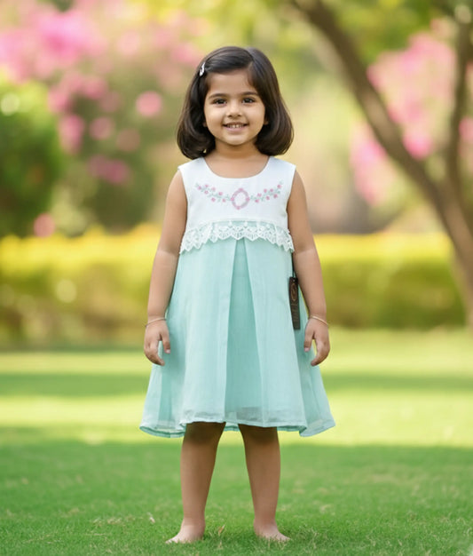 White  Georgette Embroidery yoke With Butter Organza Skirt A-line Frock For Baby Girl [Ready to ship :2319A]