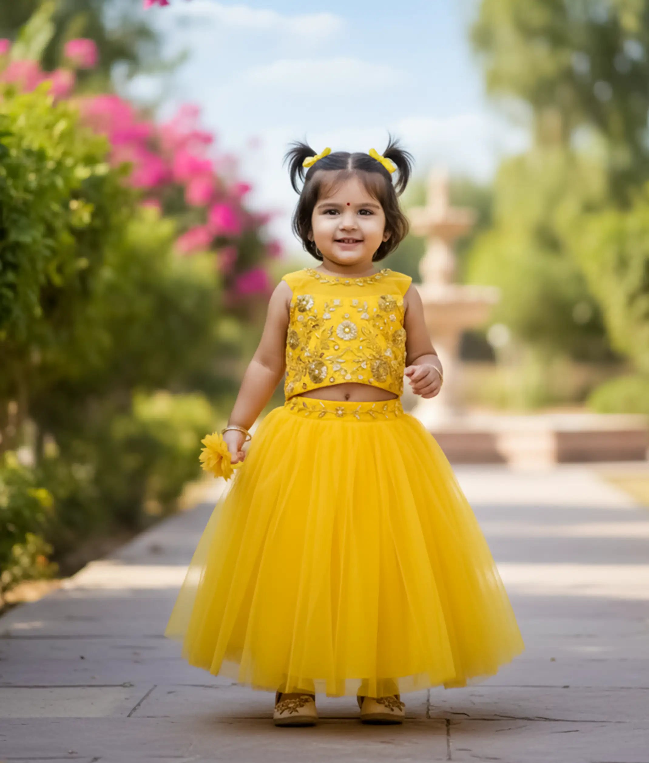 Yellow Tulle Net Handworked Crop Top with Full Length Skirt For Baby Girl [Ready to ship :2321]