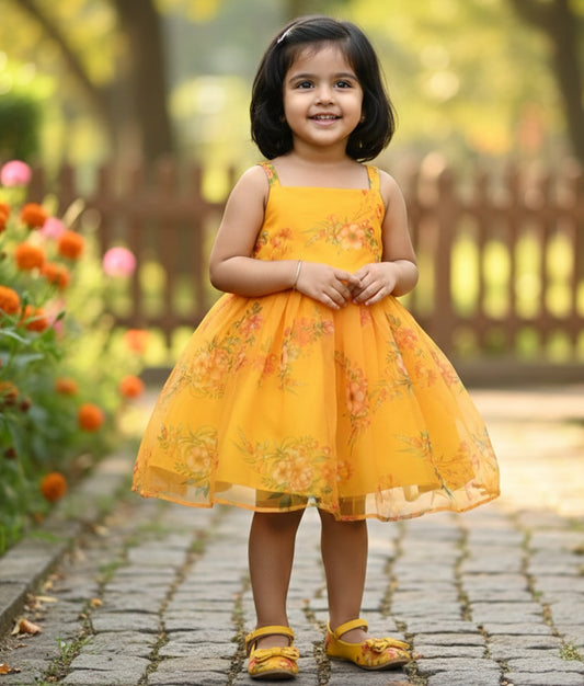 Yellow Printed Organza Casual Frock For Baby Girl [Ready To Ship :2323]
