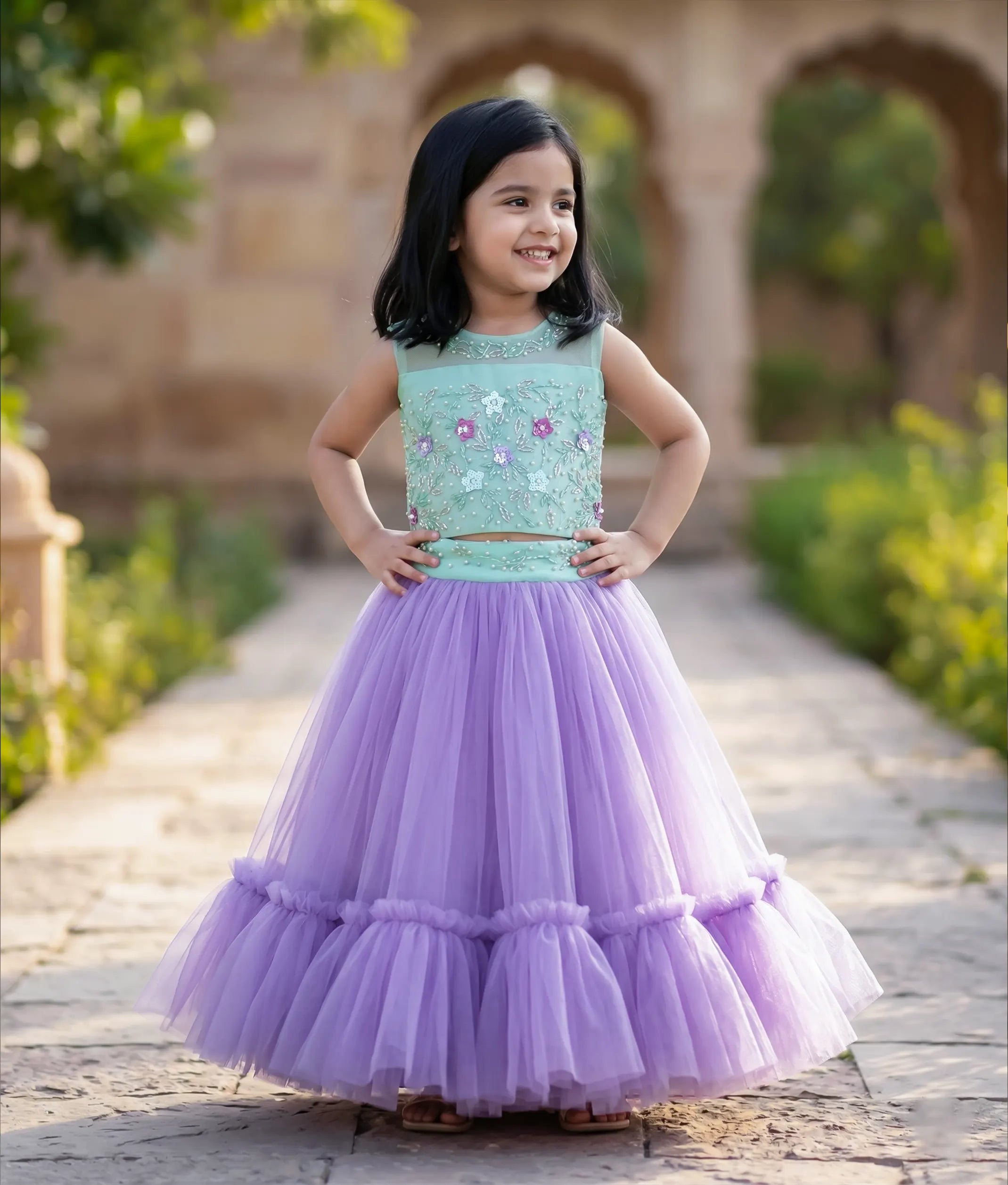Ocean Green Handworked Top With Lavender Skirt For Baby Girl [Ready to ship: 2329]