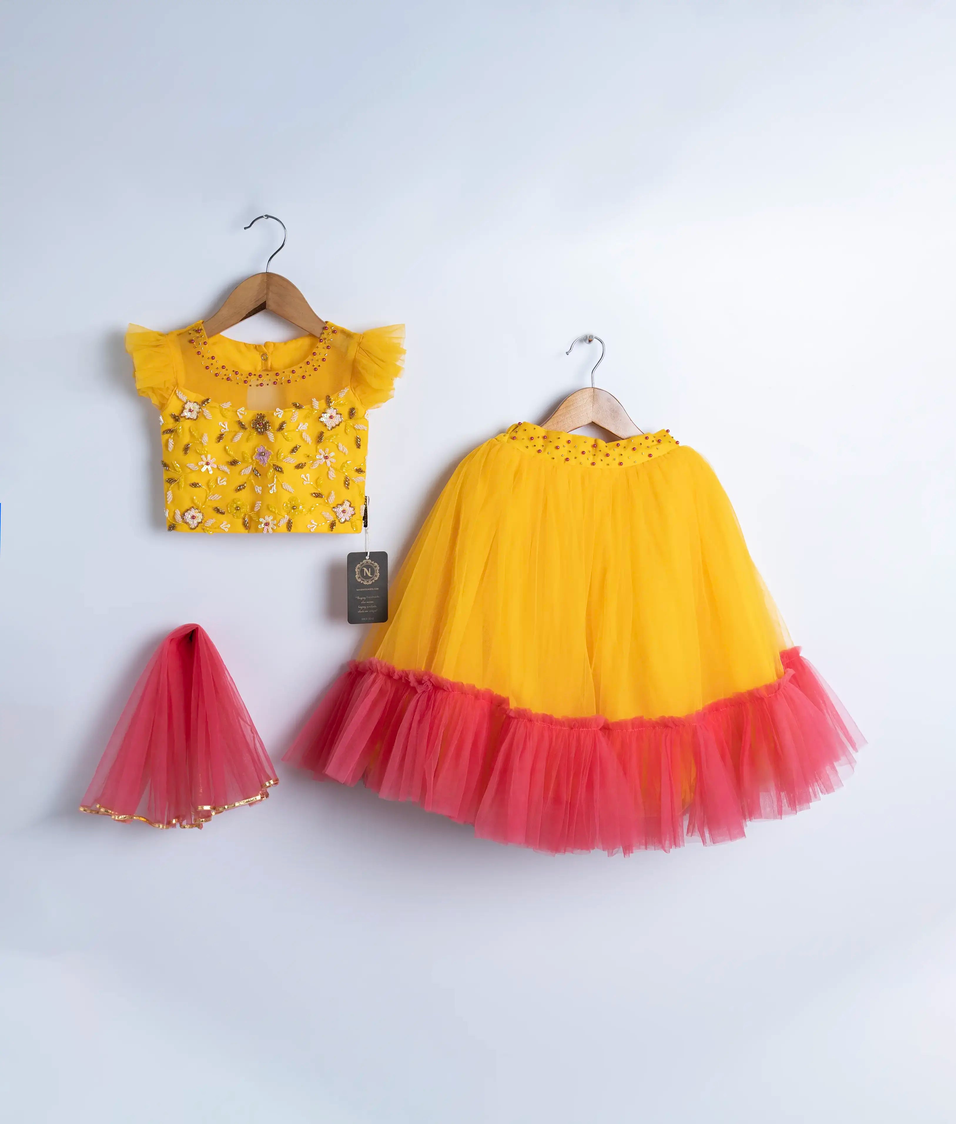 Yellow And Pink Tulle Net Handworked Skirt & Top For Baby Girl [Ready to ship :2334]