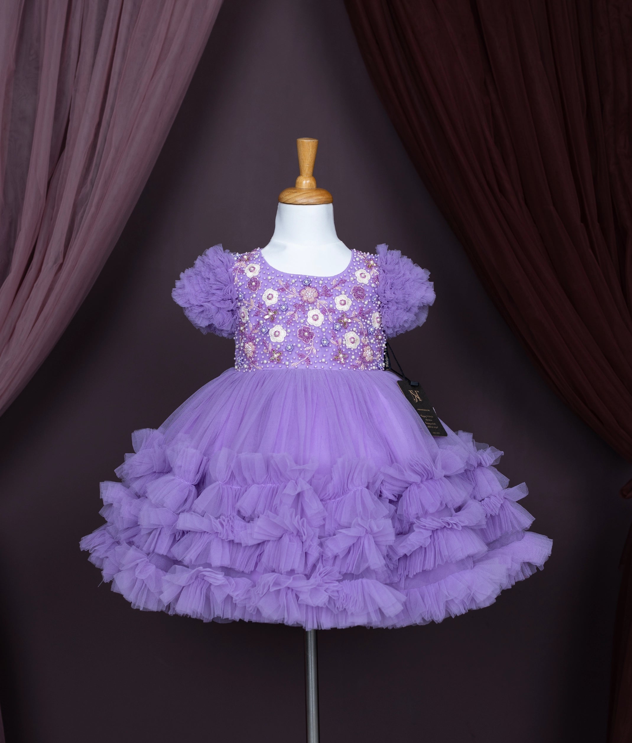 Lavender Tulle net Handwork Birthday Frock For Baby Girl [Ready to Ship: 2343]