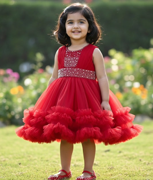 Red Tulle Net Handworked Birthday Frock For Baby Girl [Ready To Ship: 2365]