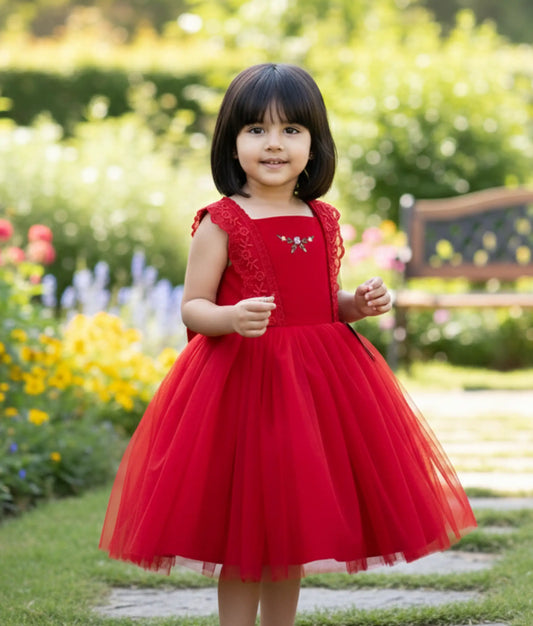 Red Tulle Net Embroidery Christmas Frock For Baby Girl [Ready to ship: 2381]