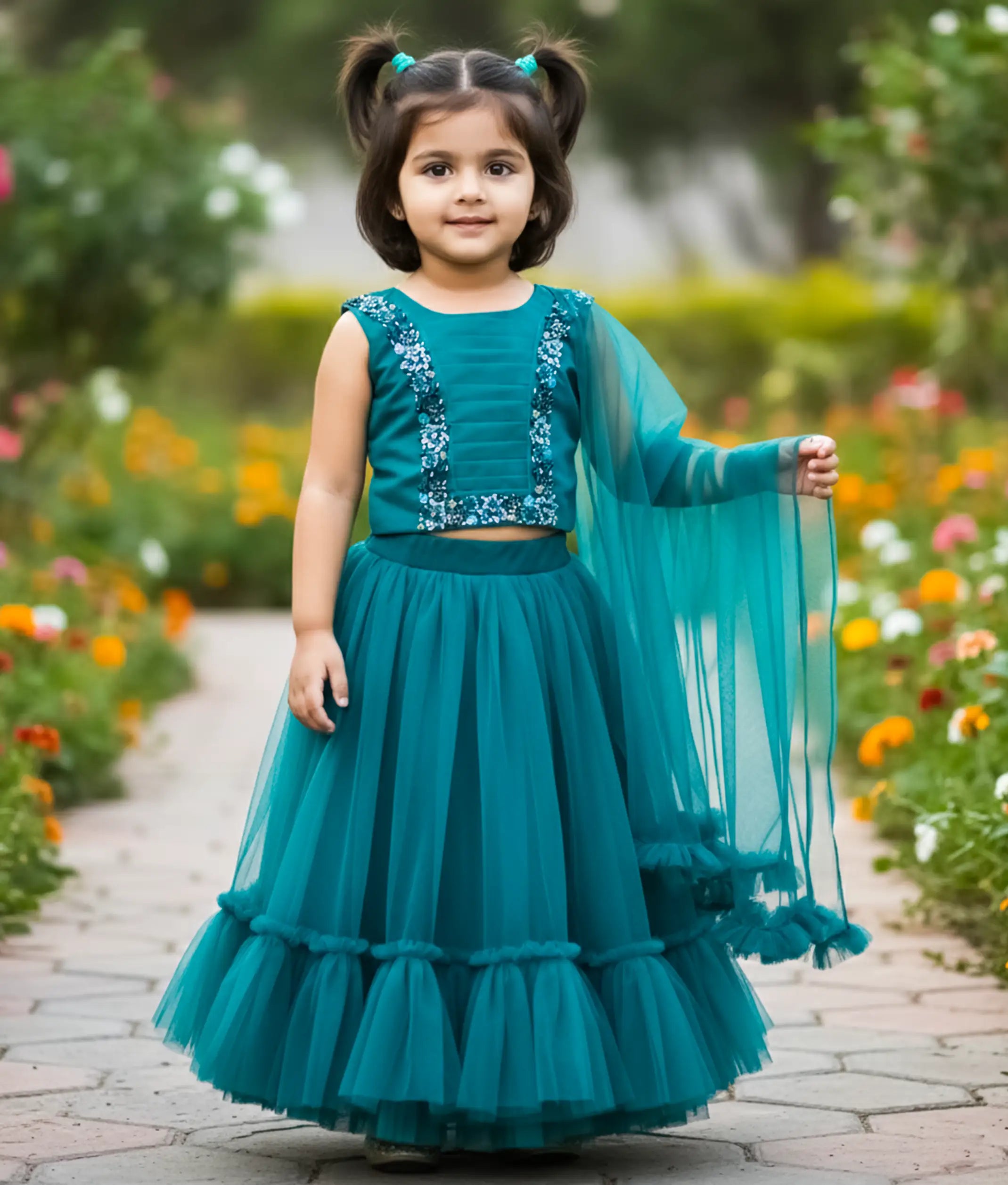 Peacock Blue Handworked Crop Top and Skirt For Baby Girl [2387]