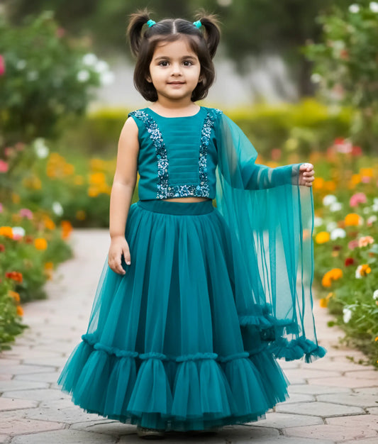 Peacock Blue Handworked Crop Top and Skirt For Baby Girl [Ready To Ship: 2387]