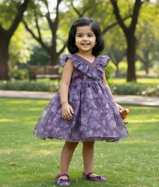 Lilac Purple Organza Floral Printed Casual Frock For Baby Girl [Ready To Ship: 2399]