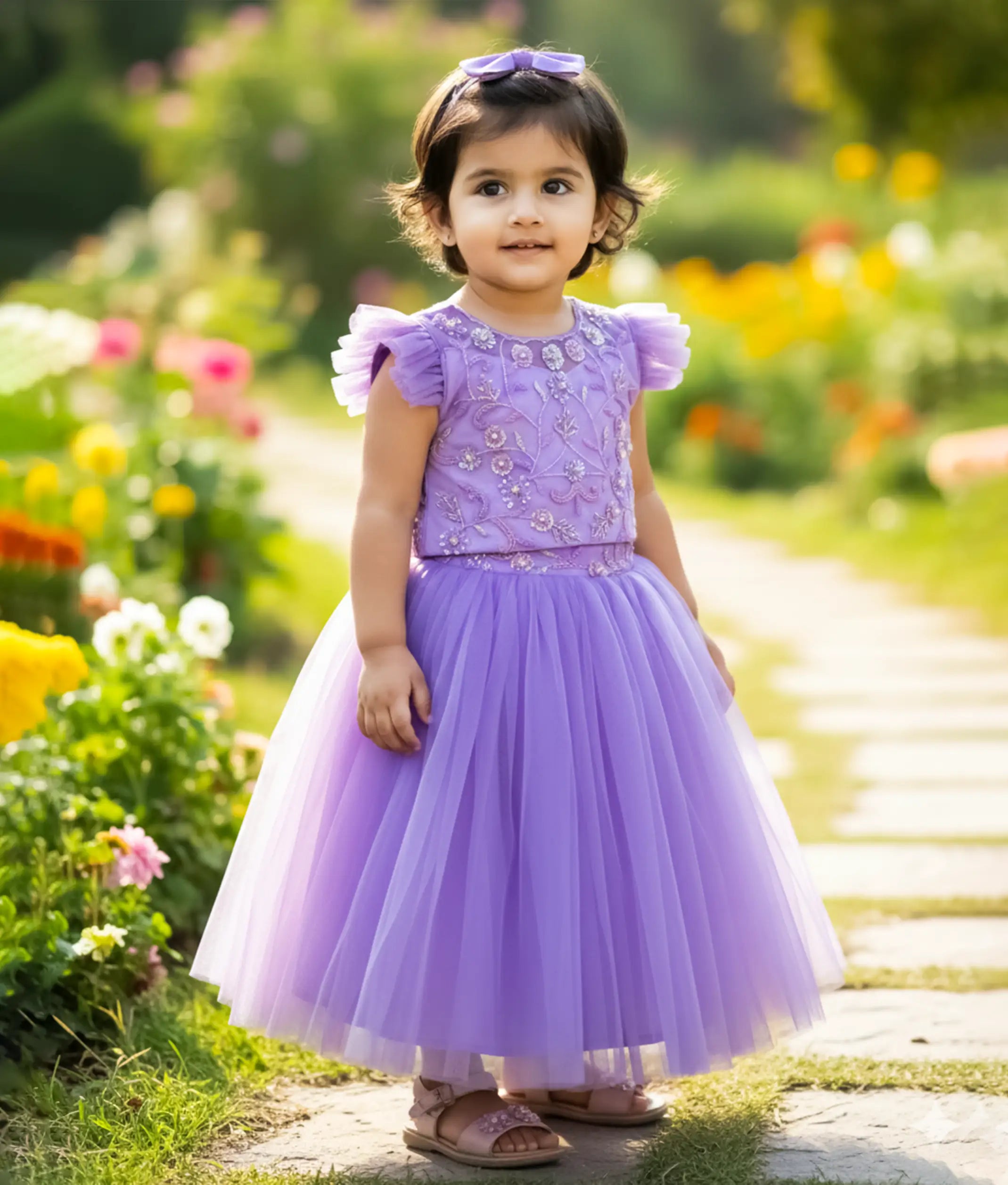 Lavender Tulle Net Handworked Crop Top With Full Length Skirt For Baby Girl [2438}