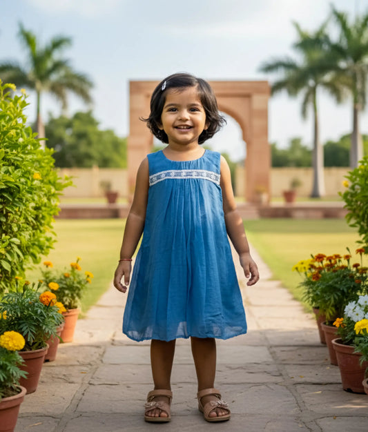 Blue Silk Crush Embroidery A line Frock For Baby Girl [Ready to ship: 2543]