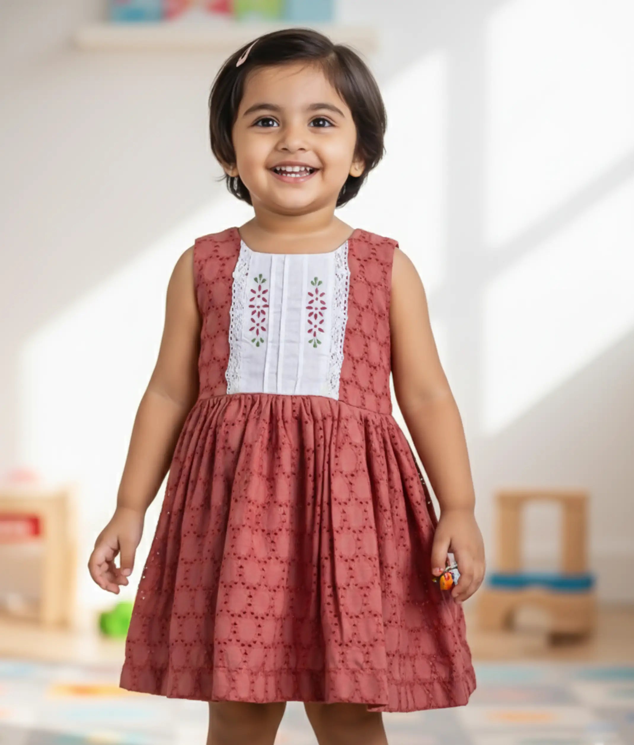 Maroon Acoba Floral Embroidery Cotton Frock Frock For Baby Girl[2595]