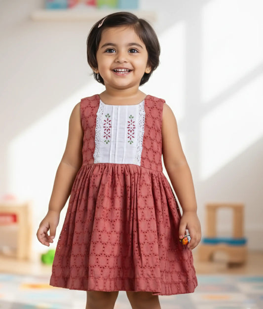 Maroon Acoba Floral Embroidery Cotton Frock Frock For Baby Girl[Ready to Ship: 2595]