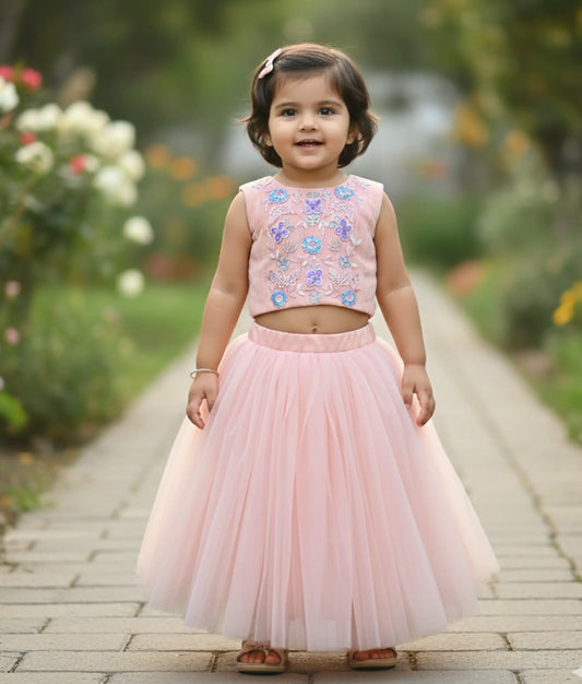 Peach Tulle Net Handworked Crop Top With Full Length Skirt For Baby Girl [Ready to ship :2610]