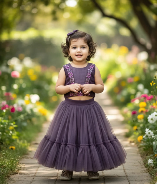 Pastel Grape wine Handworked Crop Top with Full Length Skirt [Ready to Ship :2699]