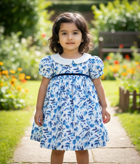 White and Blue Printed Cotton Frock For Baby Girl [Ready to ship: 2706]