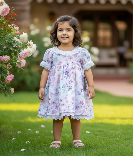 Off white Flower Printed cotton frock for Baby Girl [Ready to Ship: 2708]