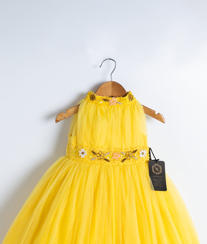 Yellow Tulle Net Handworked Birthday Frock For baby Girl Birthday [Ready to ship :2723]