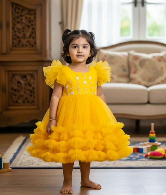 Yellow Tulle Net Handworked Birthday Frock For Baby Girl [Ready to ship :2778]