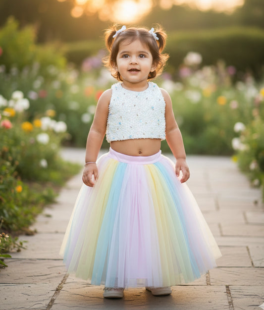 Off white Handworked Crop Top with Multicolour Full Length Skirt For Baby Girl [Ready To Ship: 2783]