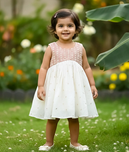 Peach Work Material Yoke With Off-white Chanderi Skirt Frock [Ready to ship: 2801]