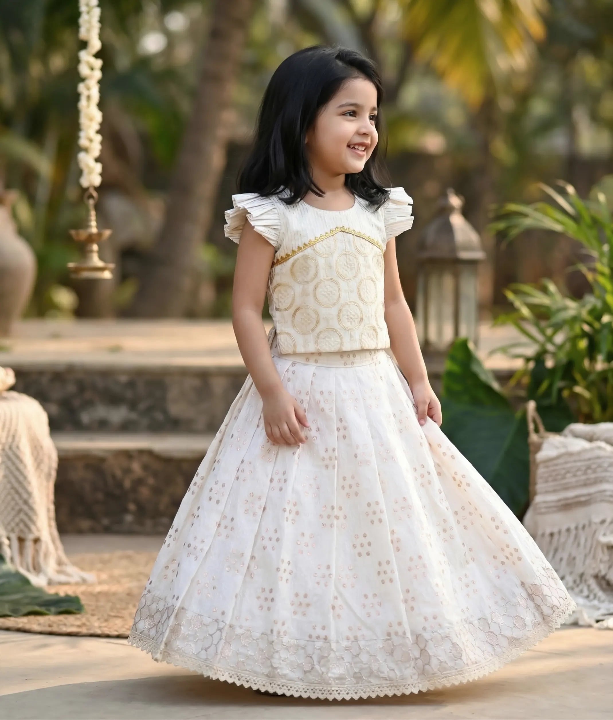 Off-white Work Material Top With Banarasi Skirt For Baby Girl [2803]