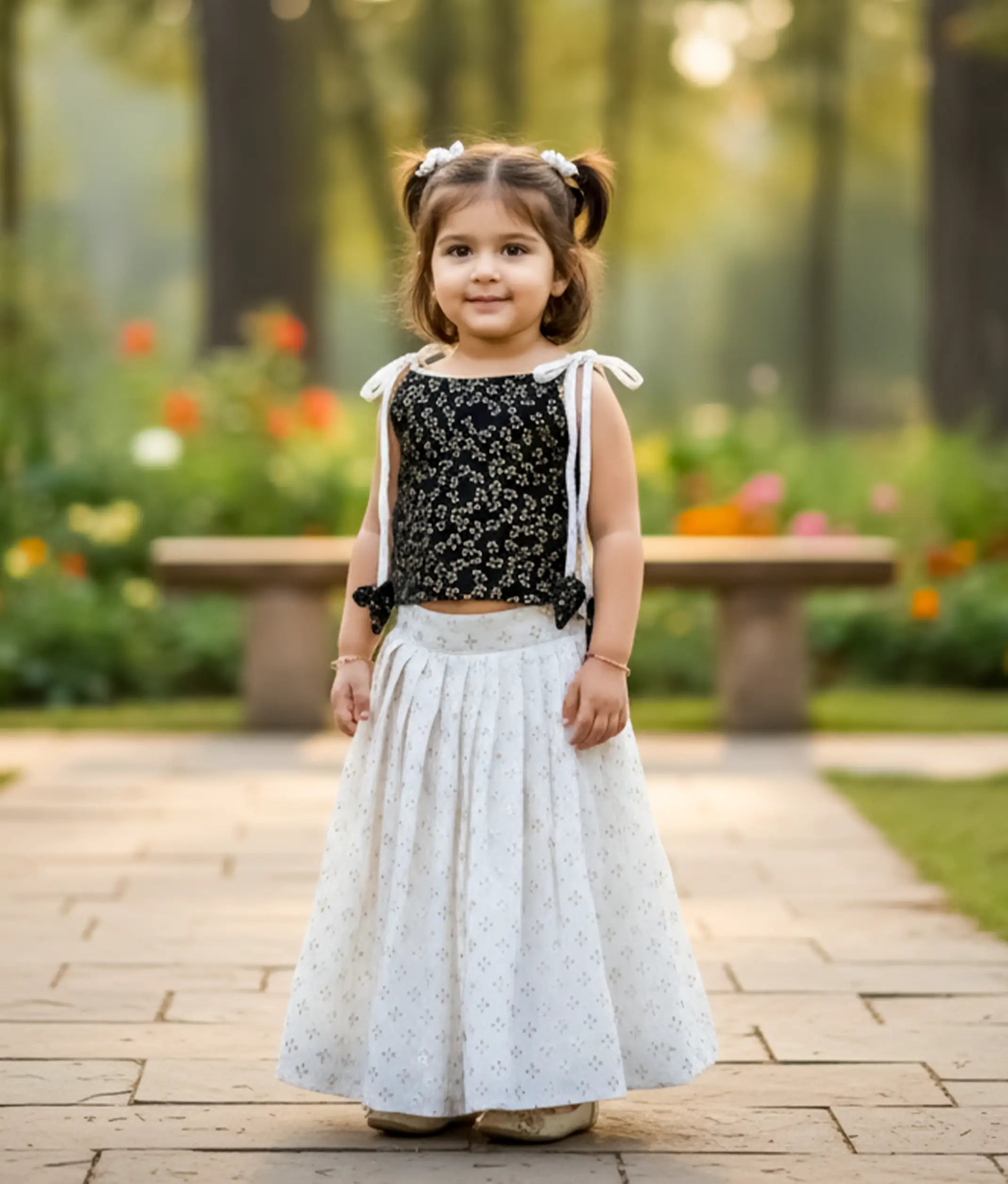Black Georgette Crop Top With Chanderi Skirt For Baby Girl [2812]