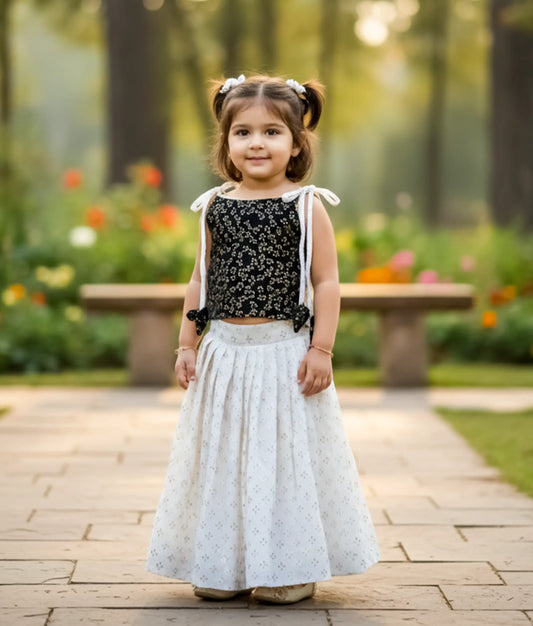 Black Georgette Crop Top With Chanderi Skirt For Baby Girl [Ready to ship: 2812]