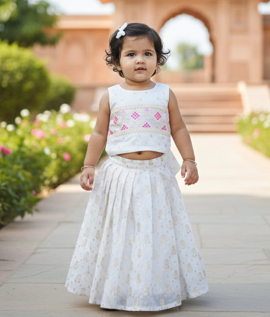 Off White Chanderi Classic Top With Full Length Skirt [Ready To Ship: 2816]