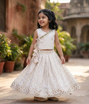Off-white Handworked Chanderi Skirt And Top For Baby Girl [2820]