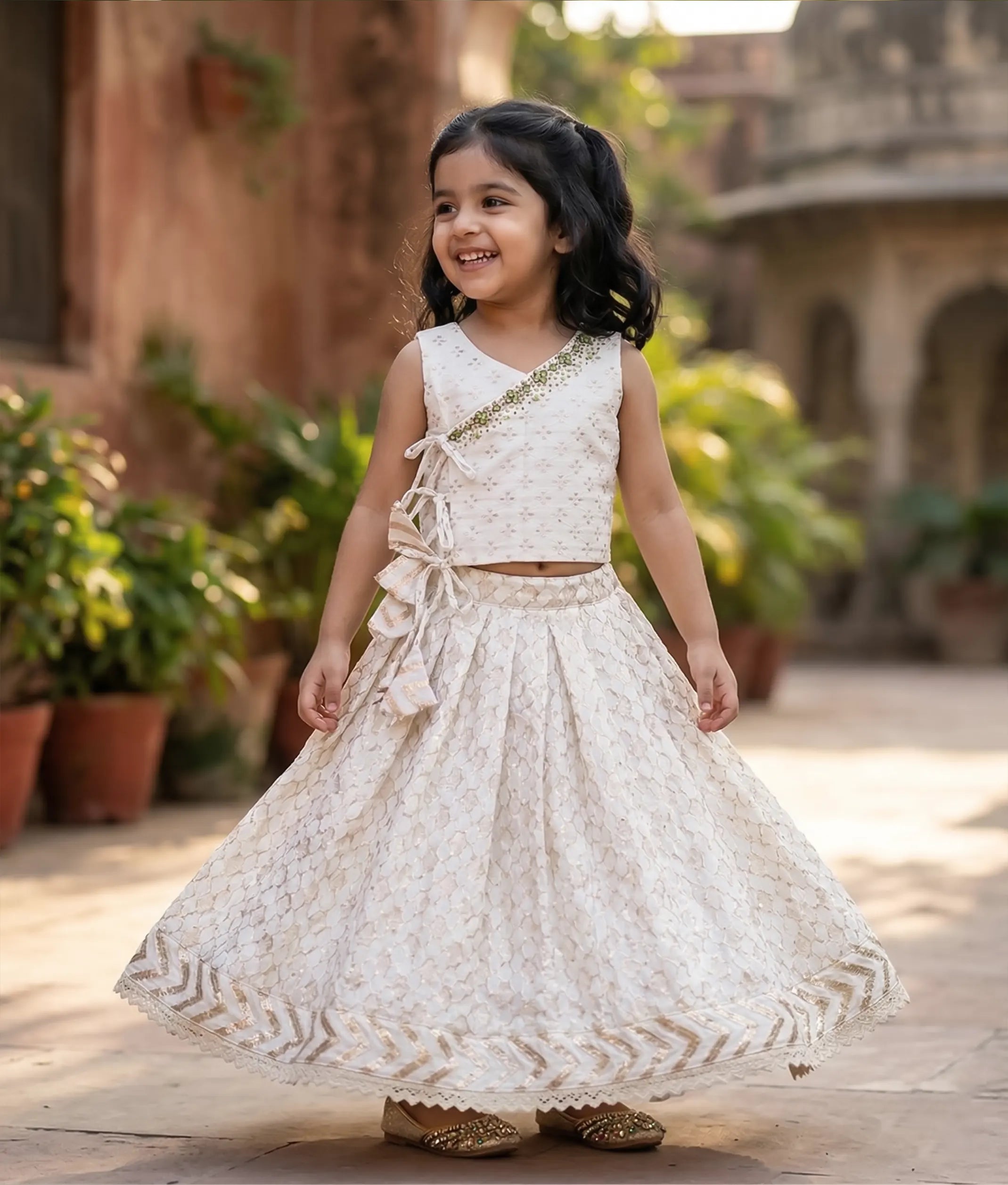 Off-white Handworked Chanderi Skirt And Top For Baby Girl [2820]
