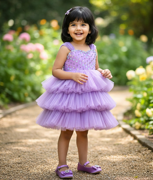 Lavender Tulle Net Handworked Birthday Frock For Baby Girl [Ready To Ship: 2824]