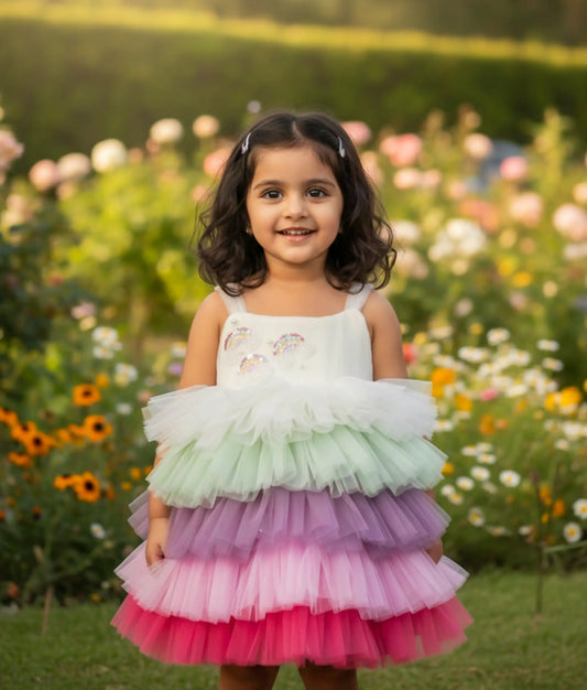 Multi-Colour Tulle Net Rainbow Theme Birthday Frock For Baby Girl [Ready to ship:2829]