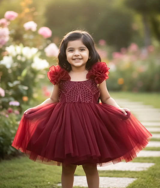 Maroon Handworked yoke with Tulle Net Skirt Birthday Frock For Baby Girl [Ready To Ship: 2837]