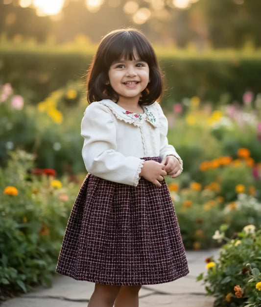 Offwhite Linen Embroidery Yoke With Multicolor Tweed skirt frock For Baby Girl [Ready to ship:2955]