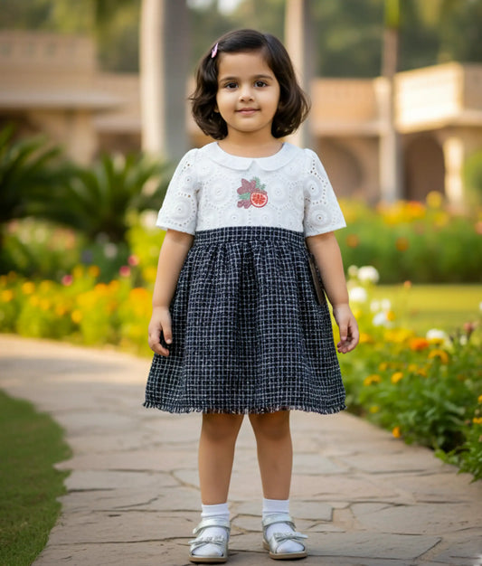 Black And White Tweed Embroidery Christmas Frock For Baby Girl [Ready to ship:2969]