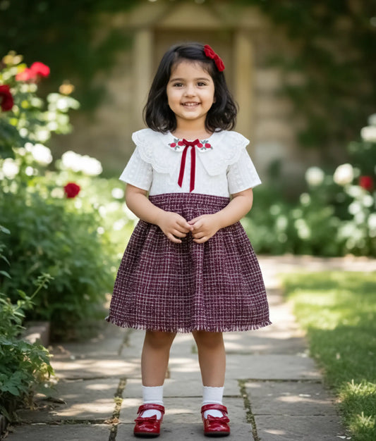 Off White Hakoba Yoke With Tweed Skirt Christmas frock For baby Girl [Ready to ship:2970]