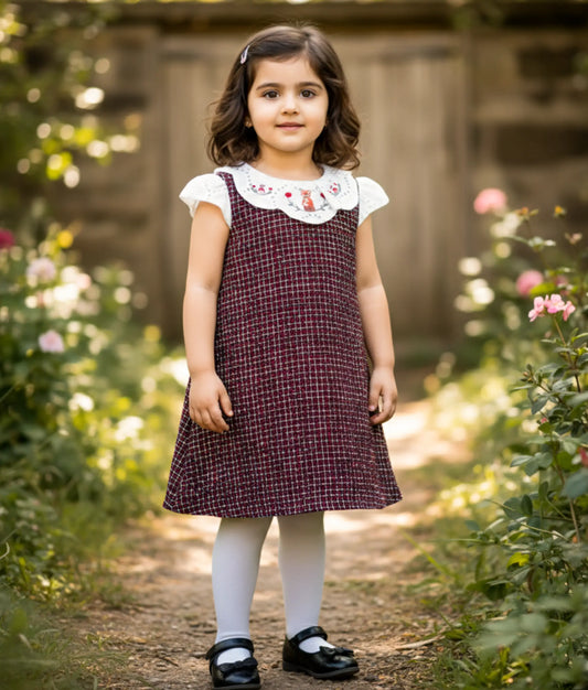 Red & white Tweed A-line Christmas Frock For Baby Girl [Ready to ship:5004]