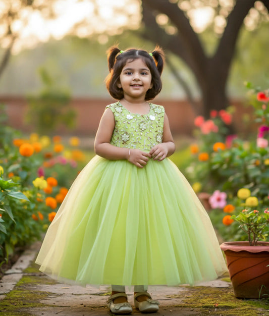 Green Tulle Net Handworked Birthday Frock For Baby Girl [Ready to Ship: 5011]