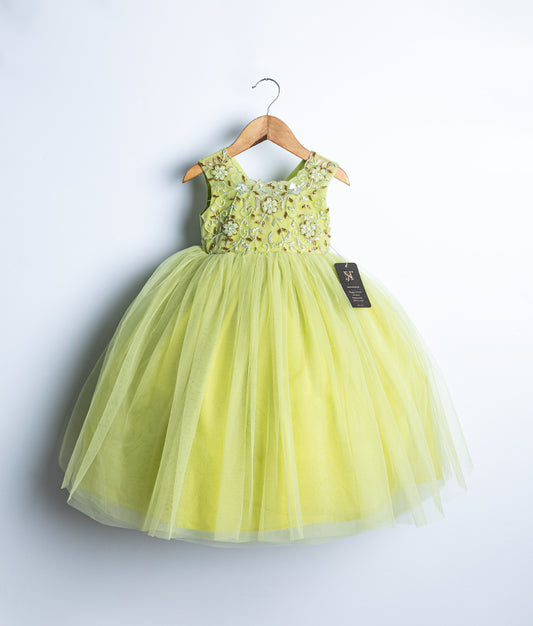Green Tulle Net Handworked Birthday Gown For Baby Girl [Ready to Ship: 5011]