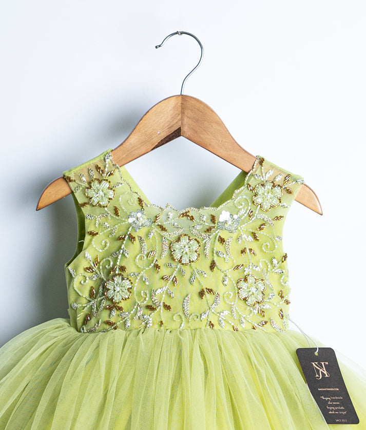 Green Tulle Net Handworked Birthday Gown For Baby Girl [Ready to Ship: 5011]