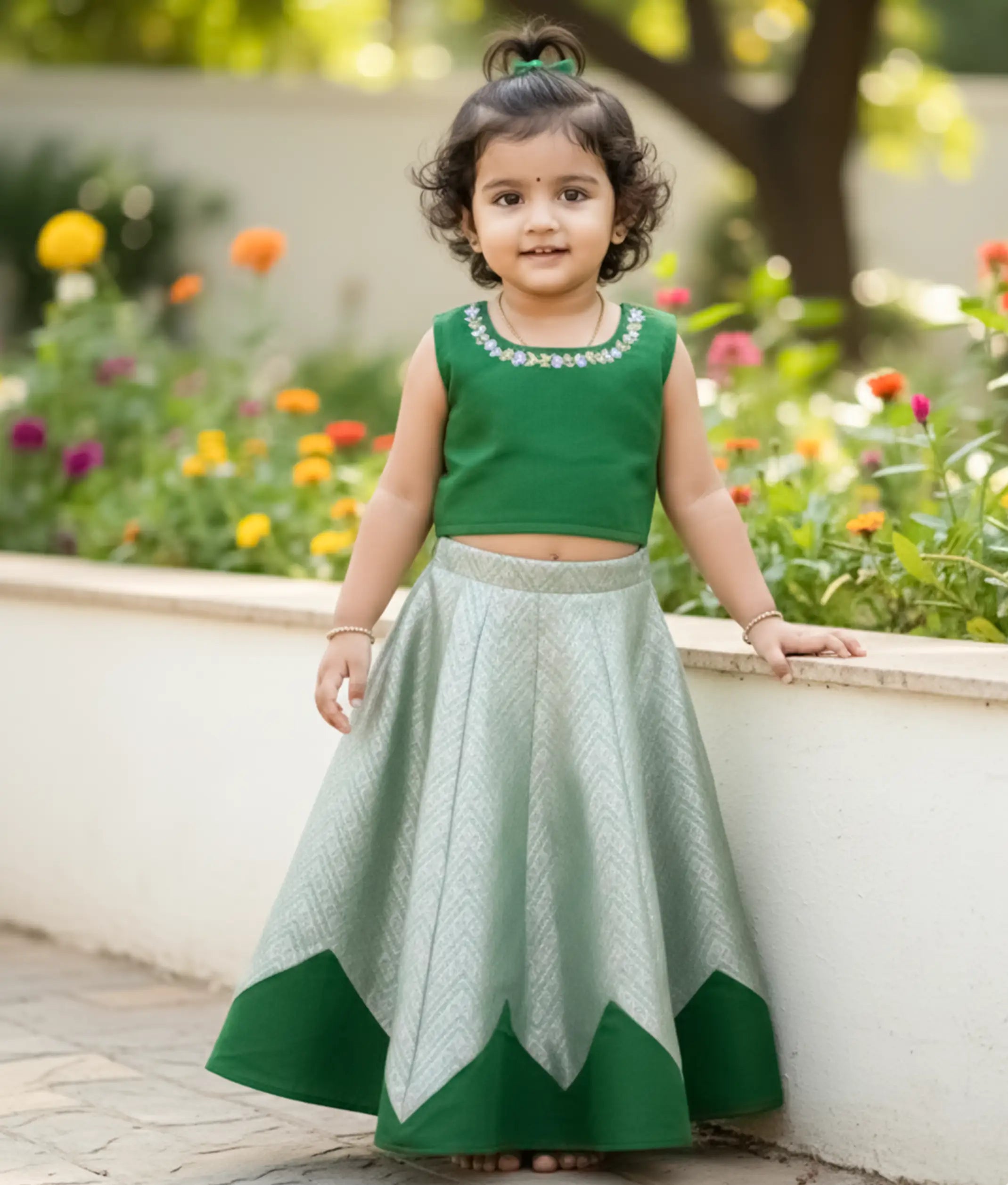 Green Handworked Top with Banarasi Skirt for Baby Girl [Ready To Ship :5013]
