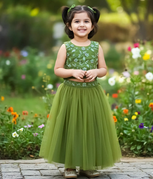 Olive Green Tulle Net Handworked Top With Full Length Skirt For Baby Girl [Ready To Ship: 5055]