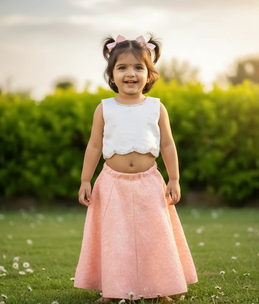 Off White Organza Handwork Top With Peach Georgette Skirt For vishu [Ready To Ship: 5087]