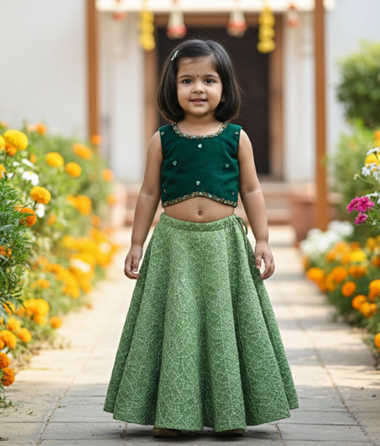 Bottle Green Handwork Top With Pastel Green Georgette Skirt for Festival Occasions [Ready To Ship: 5132]