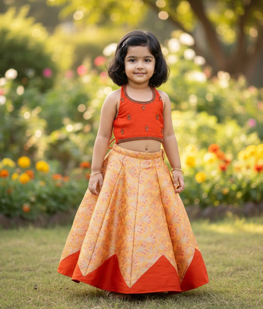 Yellow Banarasi Skirt with Hand work Top for Baby Girl [Ready To Ship: 5133]