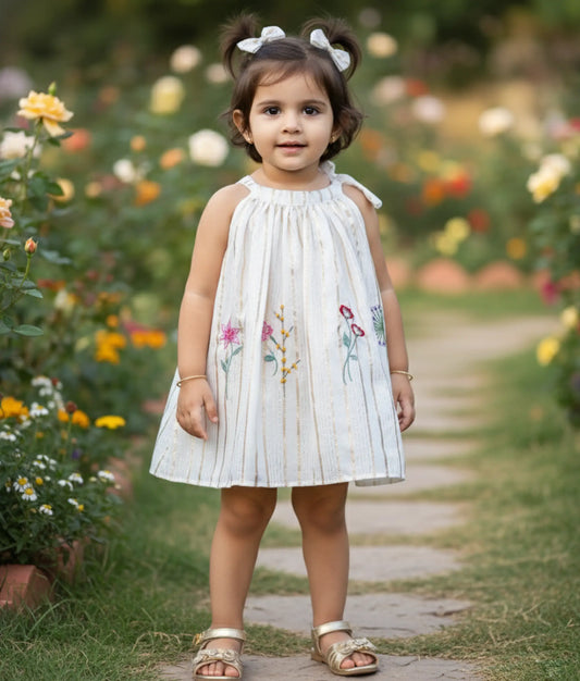 Offwhite Cute Halter Neck Floral Embroidery Frock For Vishu [Ready to ship:5144]