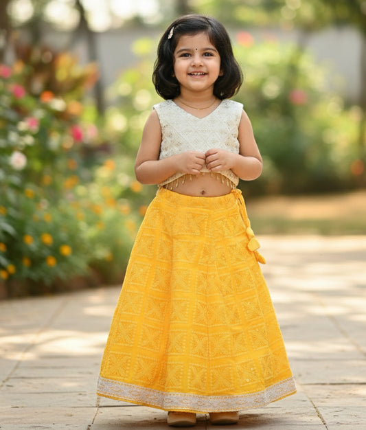 Offwhite Work Material Top with Georgette Skirt for Festival Occasions [Ready To Ship: 5160]