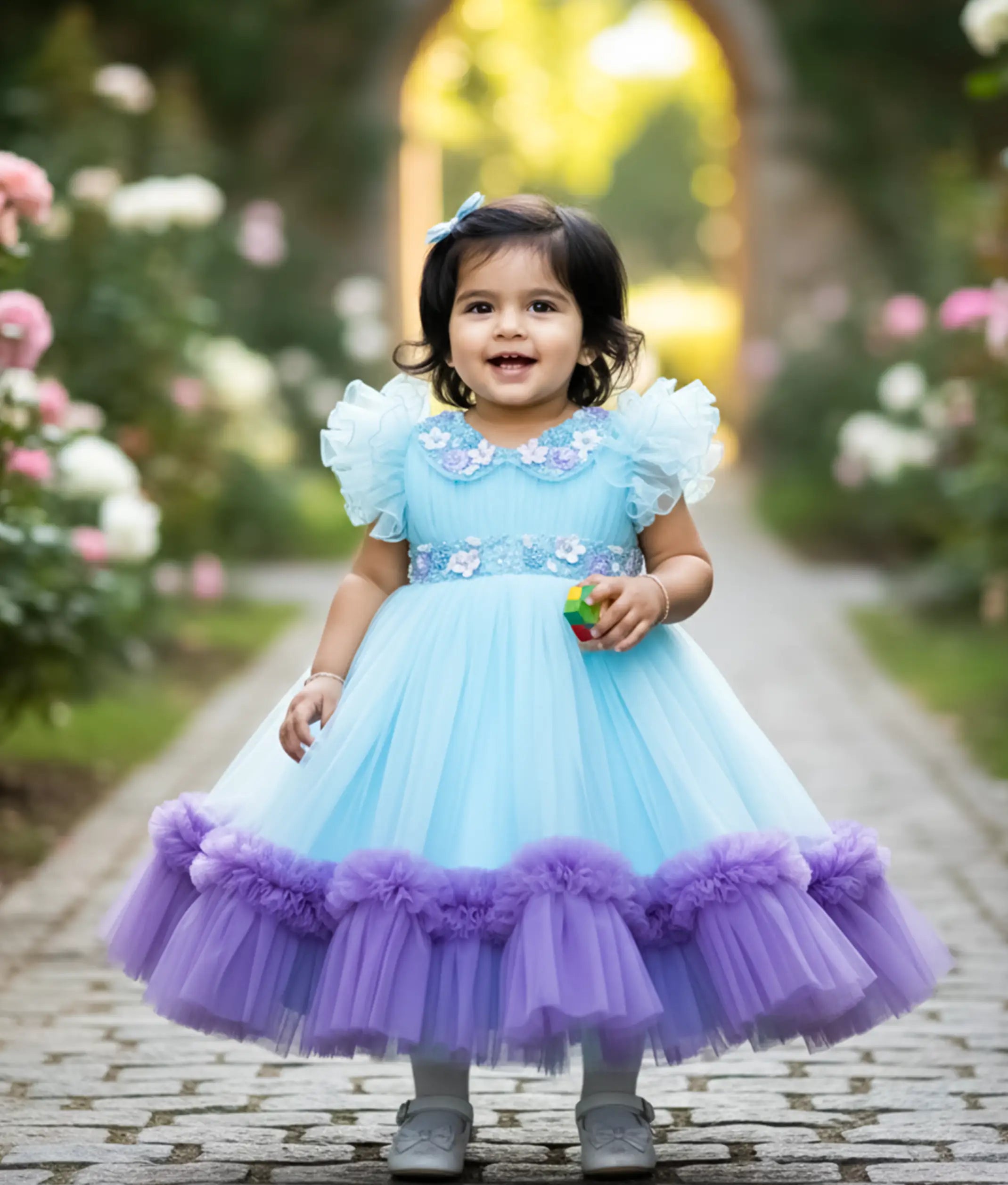 Light Blue Handwork Tulle Net Birthday Frock For Baby Girl [Pre Order :5183]