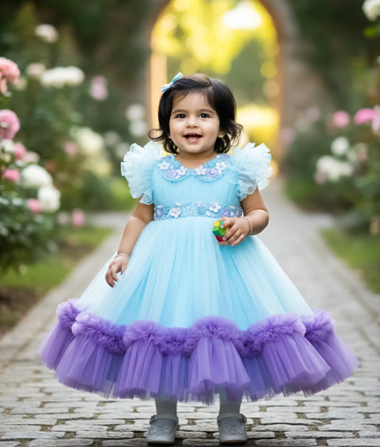 Light Blue Handwork Tulle Net Birthday Frock For Baby Girl [Pre Order :5183]