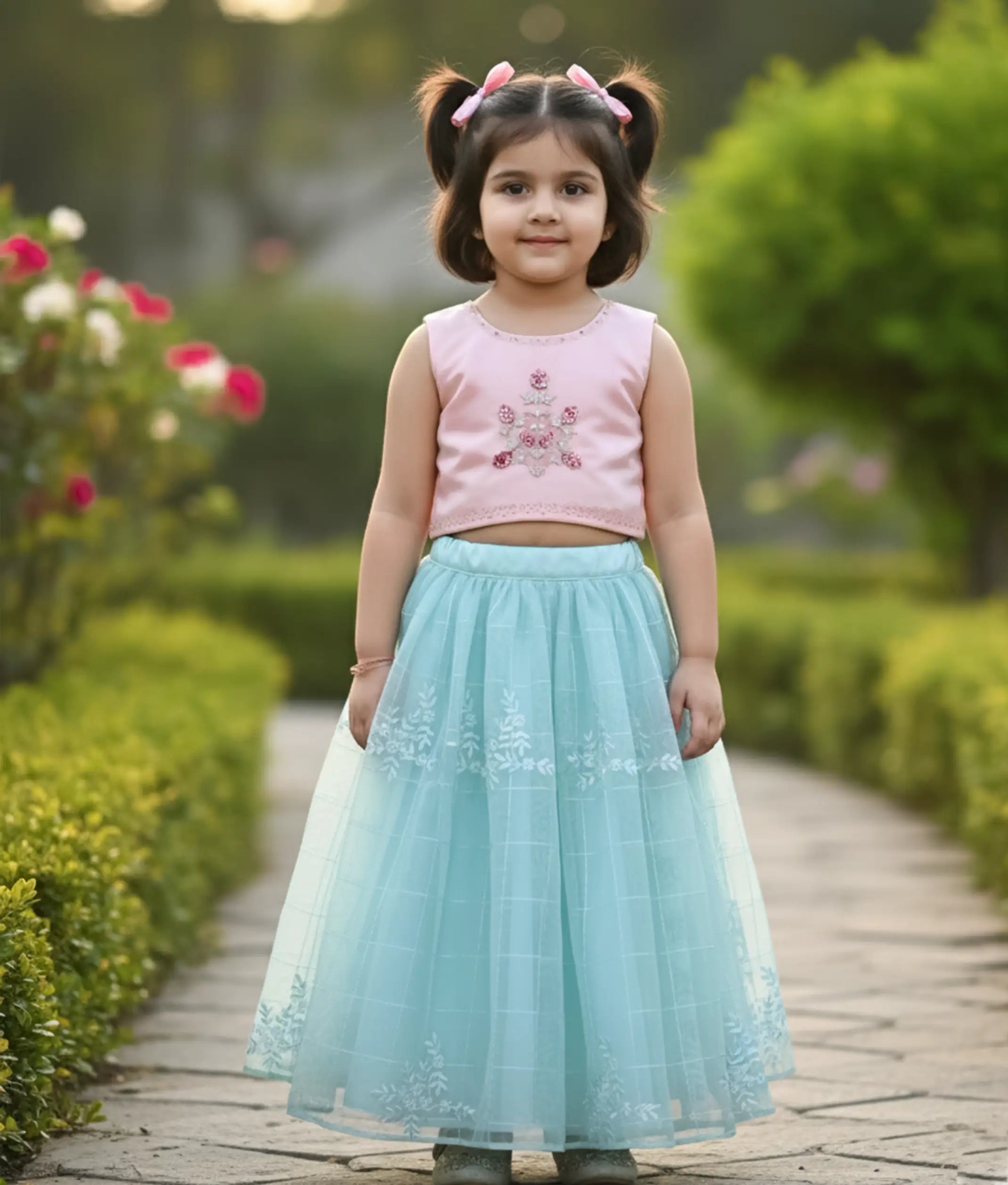 Powder Peach  Handworked Crop top With Full Length Blue Organza Skirt For Baby Girl [Ready to ship:5196]
