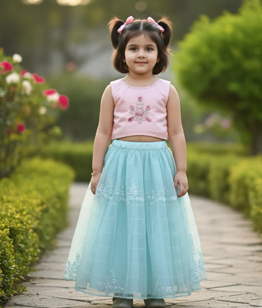 Powder Peach  Handworked Crop top With Full Length Blue Organza Skirt For Baby Girl [Ready to ship:5196]